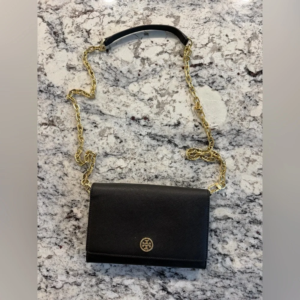Tory Burch Black Saffiano Robinson or Emerson Gold Chain Bag Wallet Purse